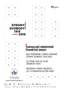 Obnovená pamětní deska bude odhalena u ZŠ T. G. Masaryka v Jiráskových sadech v Kutné Hoře 26. října v 10 hodin