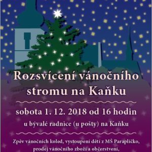 Rozsvícení vánočního stromu na Kaňku doprovodí 1. 12. zpěv koled, vystoupení dětí z MŠ Paraplíčko i prodej vánočního zboží