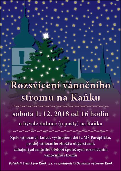 Rozsvícení vánočního stromu na Kaňku doprovodí 1. 12. zpěv koled, vystoupení dětí z MŠ Paraplíčko i prodej vánočního zboží