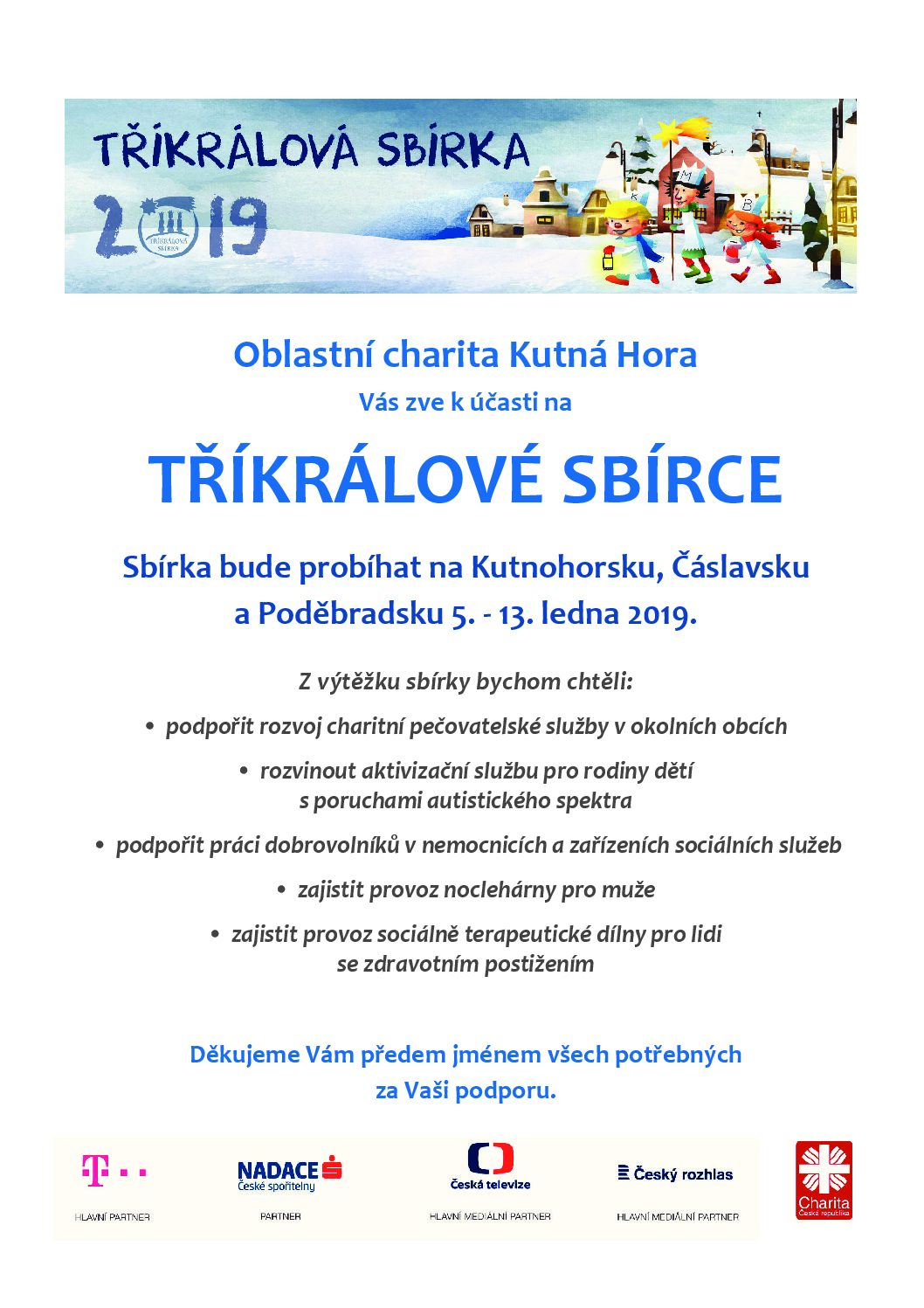 Tříkrálová sbírka 2019 v Kutné Hoře v sobotu 5. ledna