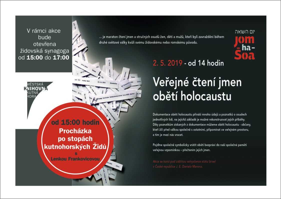 Jména kutnohorských obětí holocaustu budou připomenuta 2. května při vzpomínkové akci Jom ha-šoa