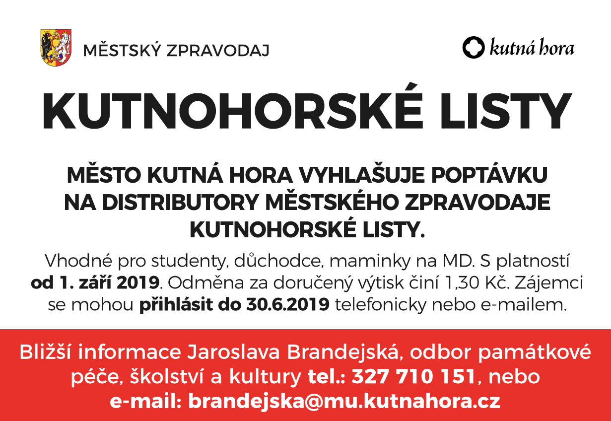 Město Kutná Hora vyhlašuje poptávku na distributory městského zpravodaje Kutnohorské listy. Zájemci se mohou přihlásit do 30. června