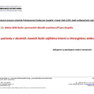 Pohotovost pro dospělé bude 12. dubna uzavřena, péči o pacienty v akutních stavech bude zajištěna interní a chirurgickou ambulancí