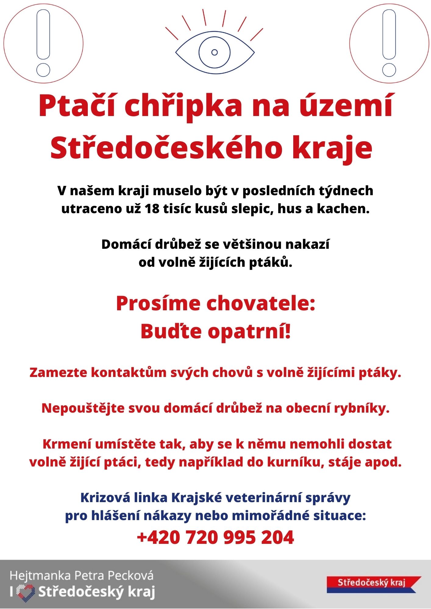 Hejtmanka informuje o výskytu a prevenci před šířením ptačí chřipky ve Středočeském kraji,  na okrese Kutná Hora nebyl zatím výskyt zaznamenán