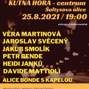 Koncert pro Moravu se uskuteční 25. srpna od 19 hodin v Šultysově ulici v Kutné Hoře, vystoupí Věra Martinová, Jaroslav Svěcený, Heidi Janků a řada dalších
