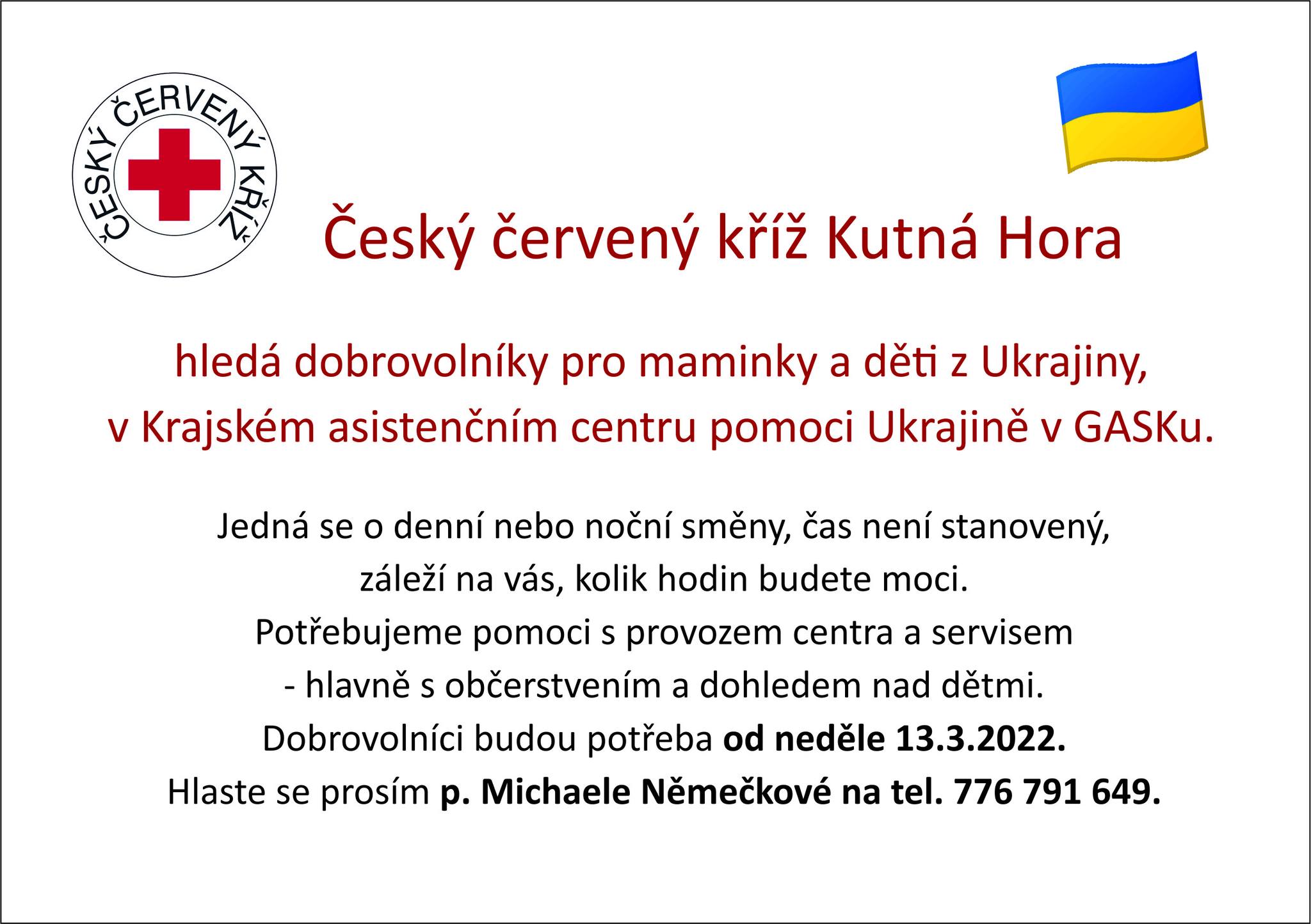 Český červený kříž Kutná Hora hledá dobrovolníky pro maminky s dětmi z Ukrajiny v asistenčním centru pomoci Ukrajině v GASKu