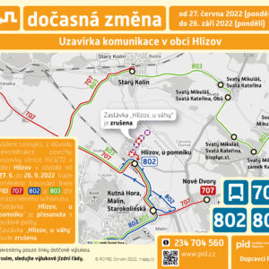 Z důvodu rekonstrukce povrchu vozovky v Hlízově se od 27. června do 26. září změní trasování linek PID 707, 802 a 803