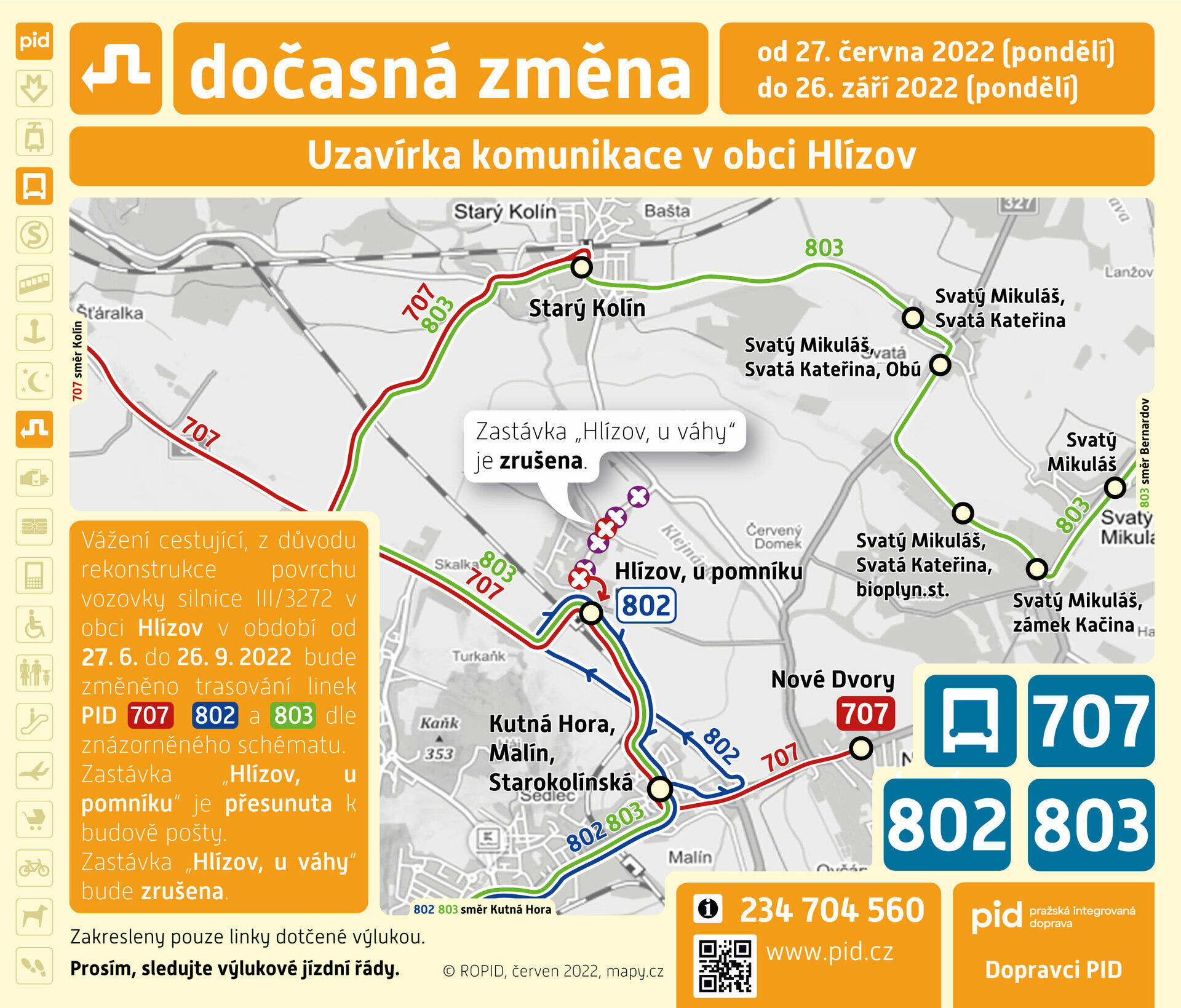 Z důvodu rekonstrukce povrchu vozovky v Hlízově se od 27. června do 26. září změní trasování linek PID 707, 802 a 803