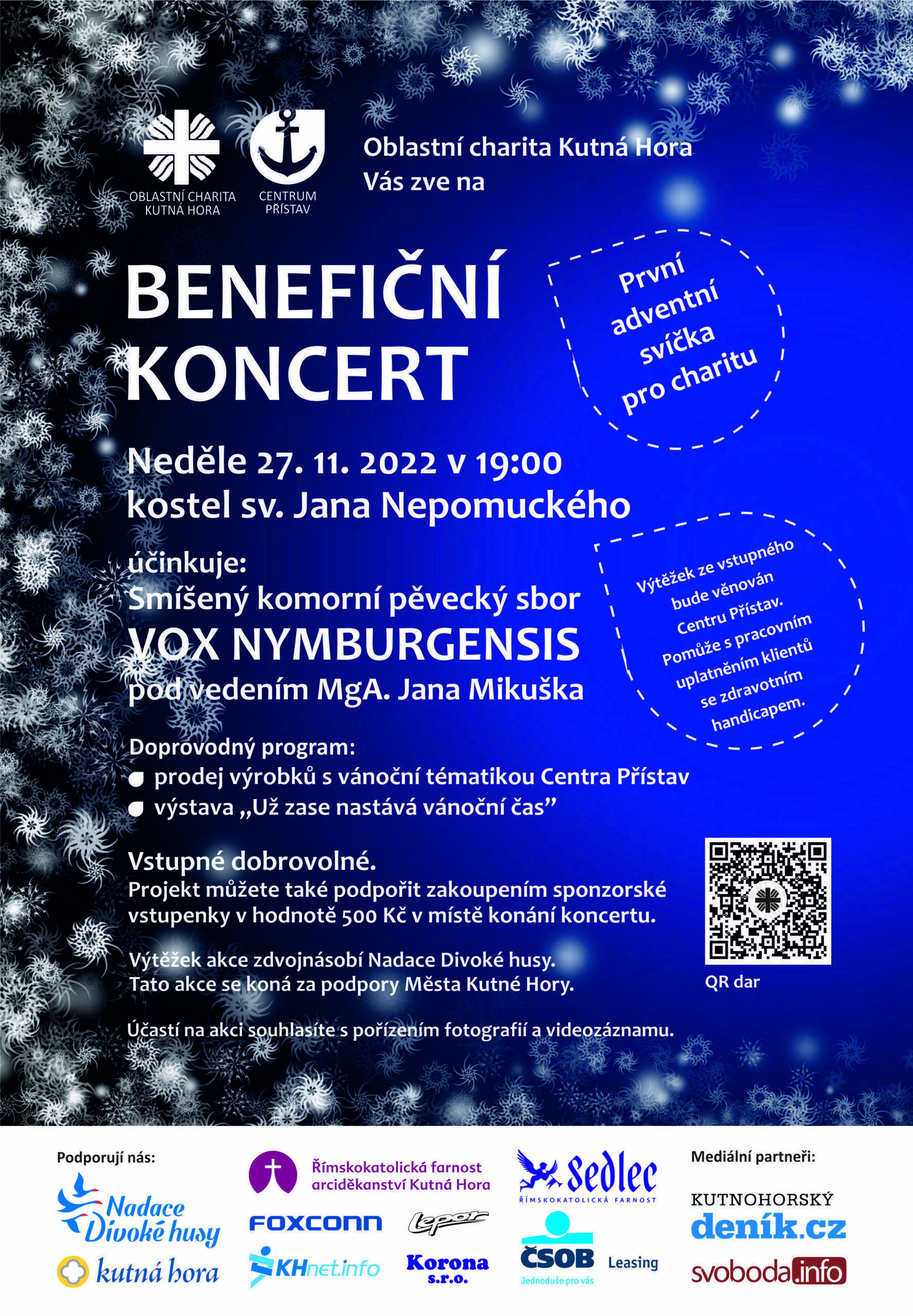 Výtěžek benefičního koncertu První adventní svíčka pro charitu bude věnován charitnímu Centru Přístav na uplatnění klientů se zdravotním handicapem