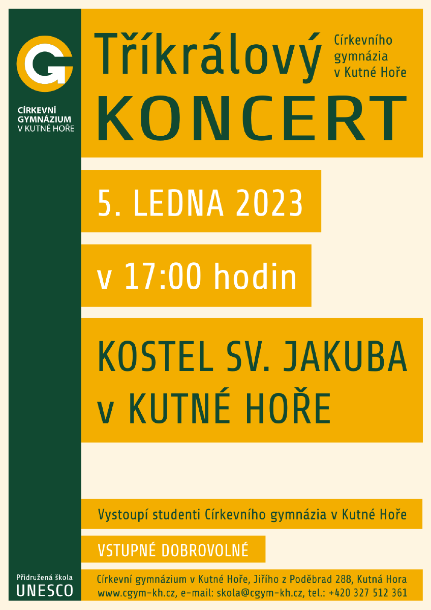 Tříkrálový koncert v podání studentů kutnohorského církevního gymnázia zazní 5. ledna v kostele sv. Jakuba v Kutné Hoře, vstupné dobrovolné