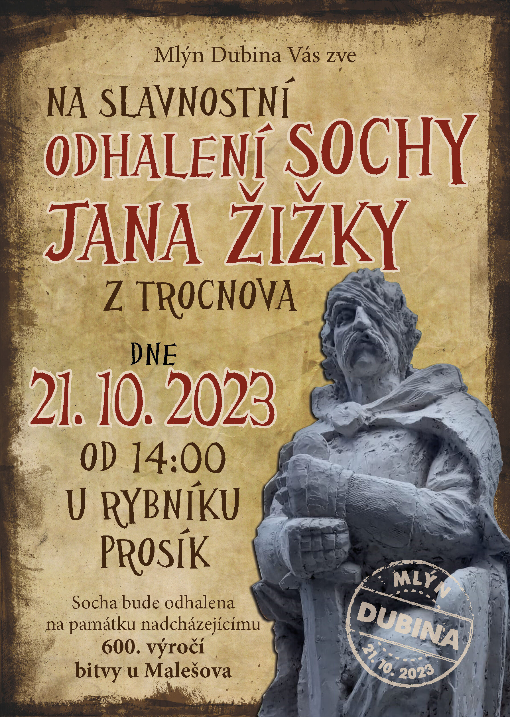 Z regionu: U rybníku Prosík u Malešova odhalí sochu Jana Žižky z Trocnova