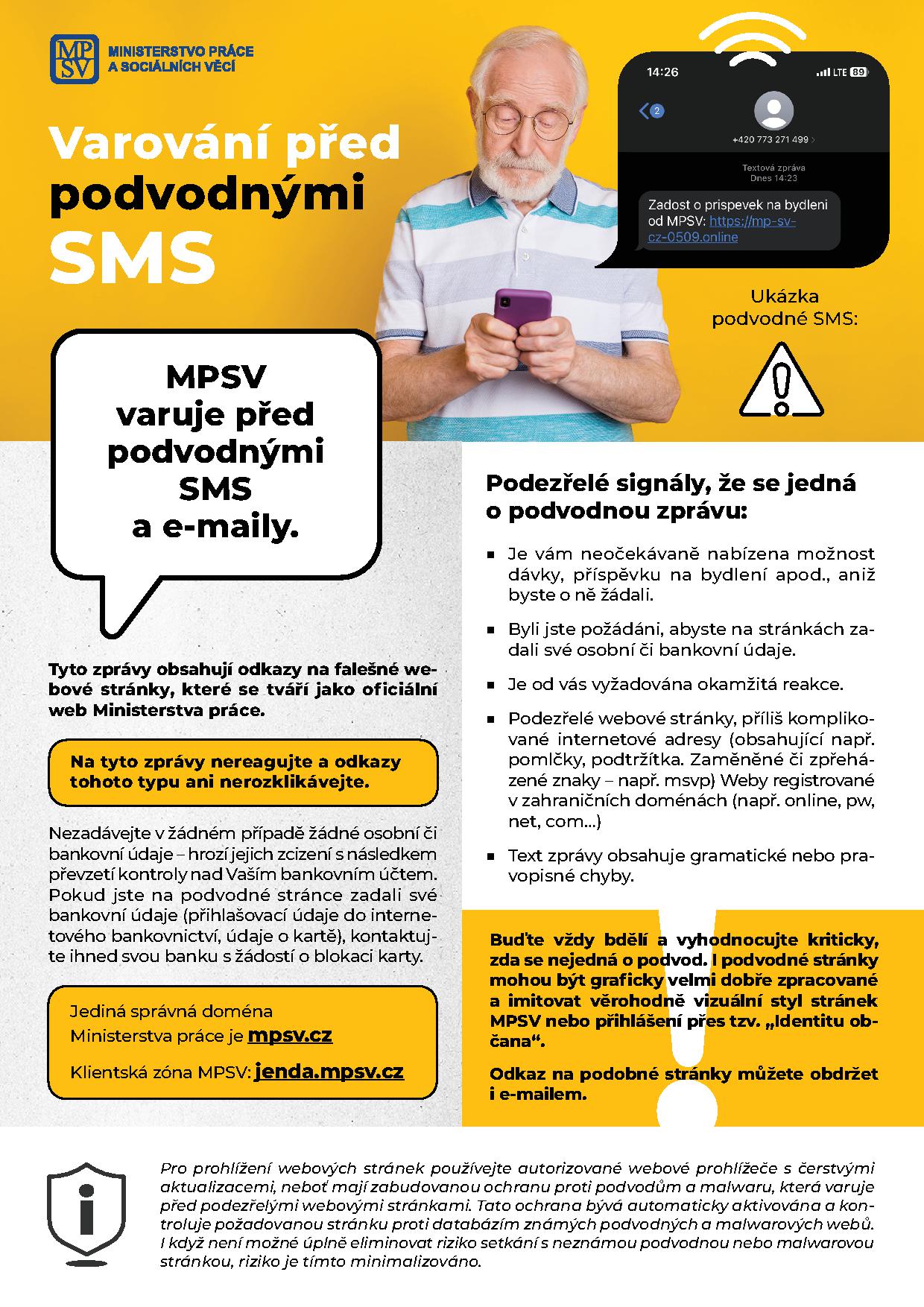 Ministerstvo práce a sociálních věcí varuje před podvodnými SMS a e-maily