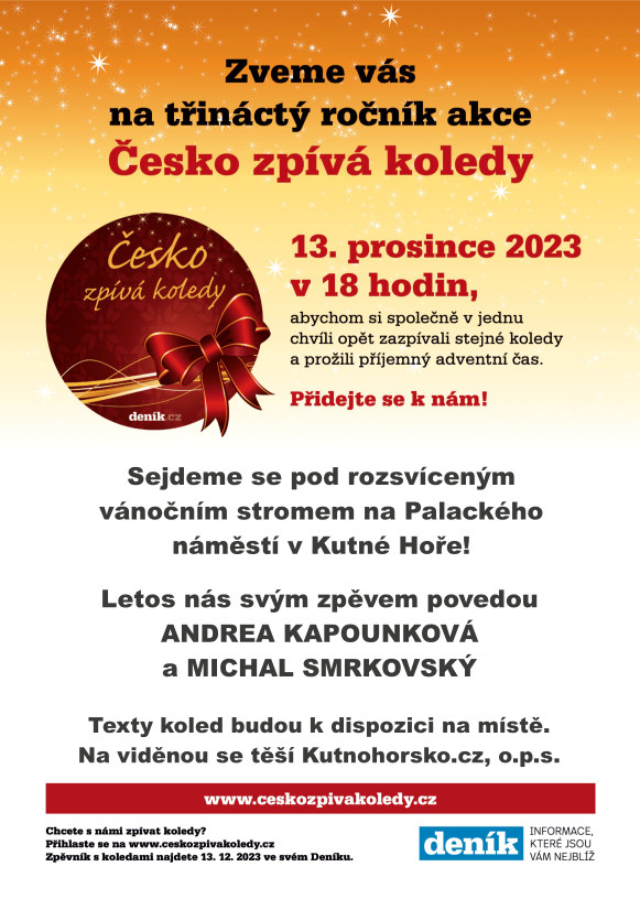 Česko zpívá koledy: Přijďte 13. prosince od 18 hodin společně zazpívat koledy pod vánočním stromem na Palackého náměstí a načerpat sváteční atmosféru