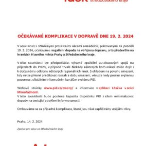 IDSK upozorňuje na očekávané komplikace v dopravě 19. února 2024