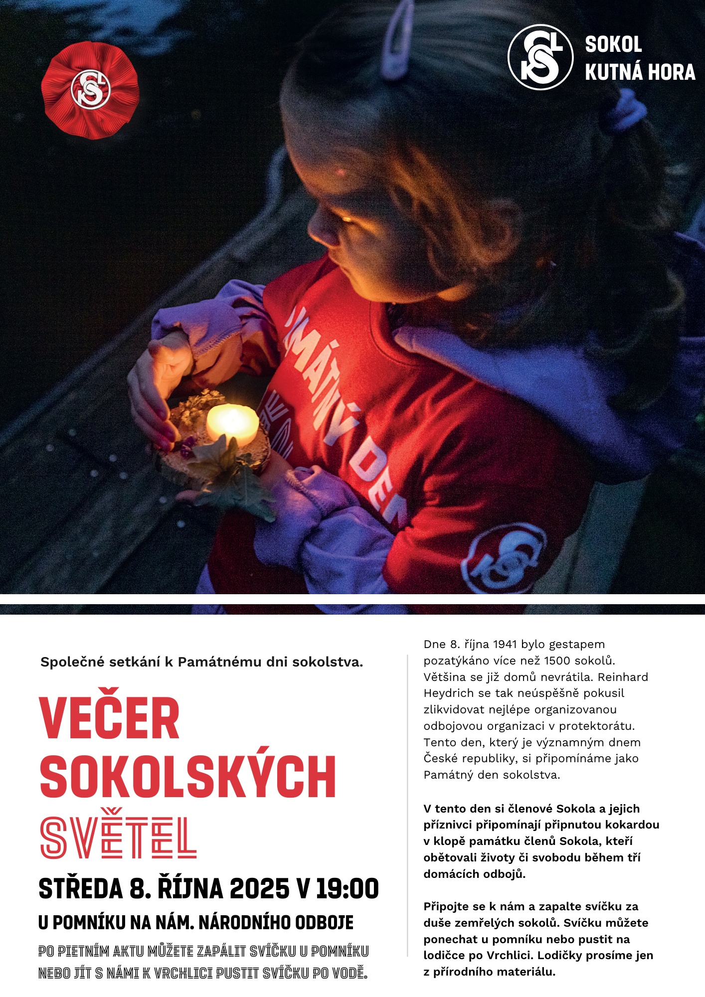 Pozvánka: Večer sokolských světel 8. října v 19 hodin u pomníku na nám. Národního odboje