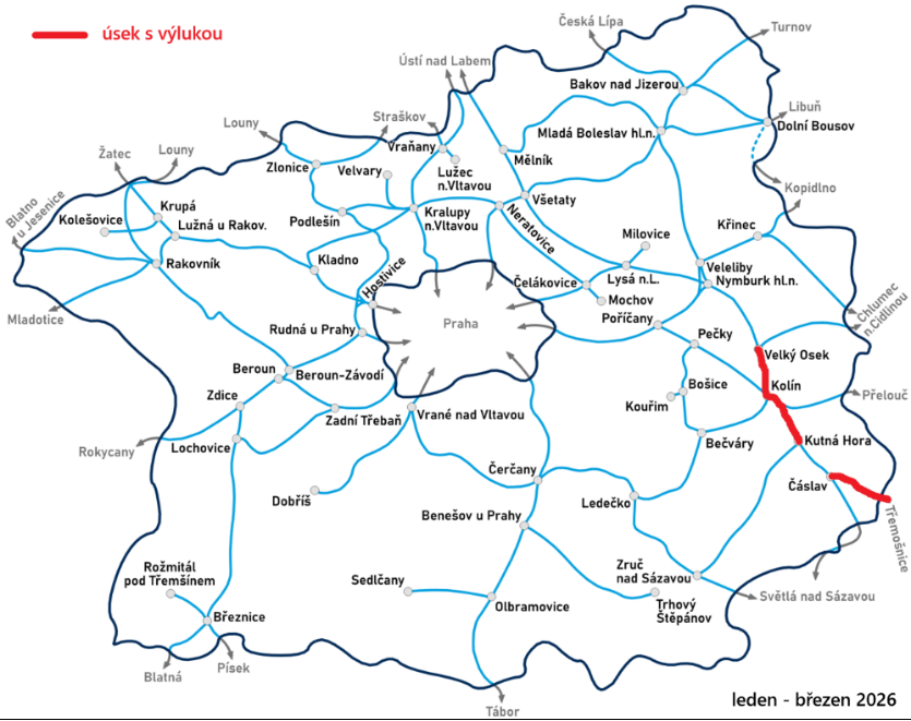 Rozsáhlejší výluky na železnici ve Stč. kraji se v lednu 2026 dotknou i Kutné Hory