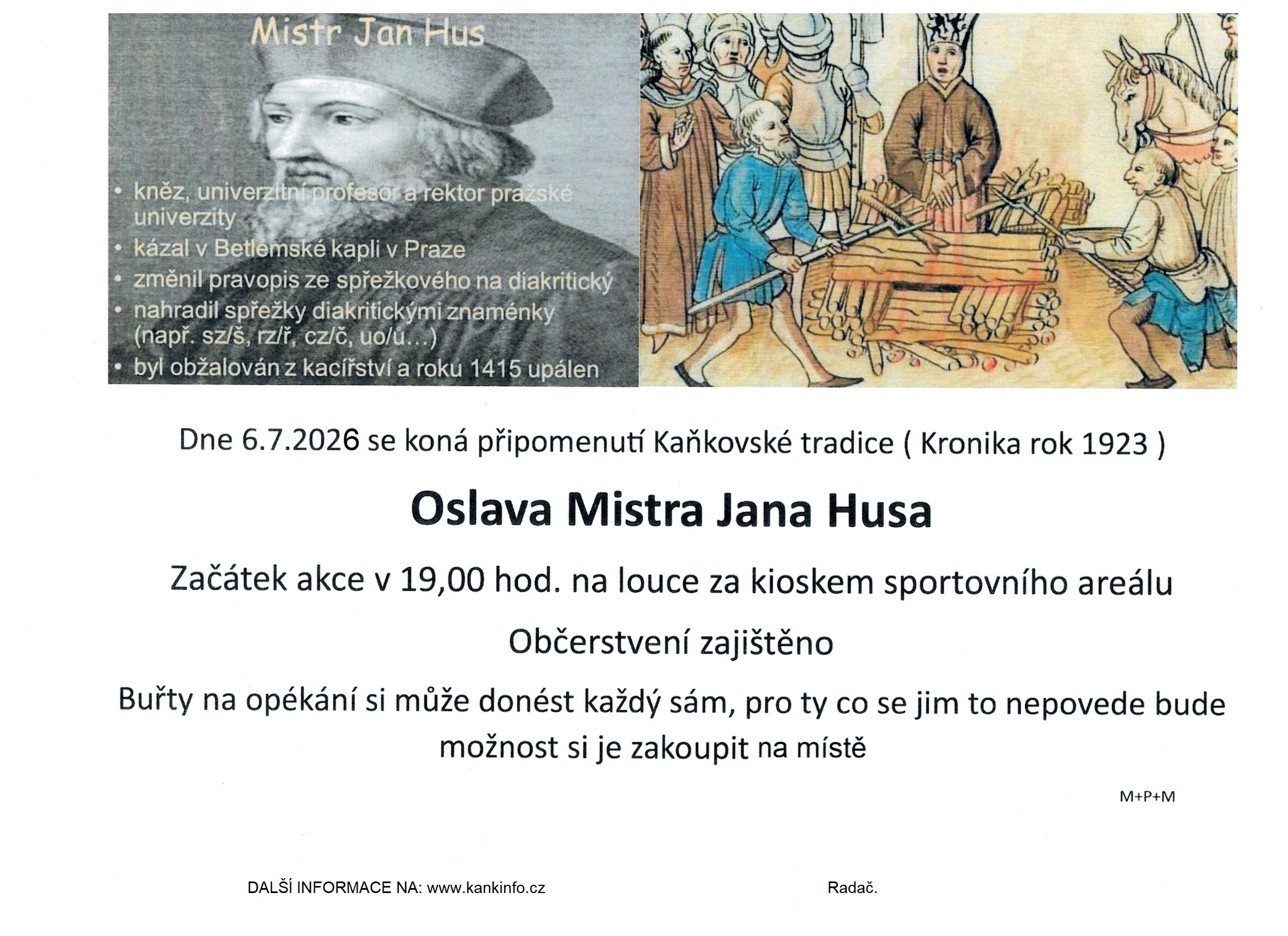 Připomenutí Kaňkovské tradice a oslava Mistra Jana Husa v pondělí 6. července od 19 hodin
