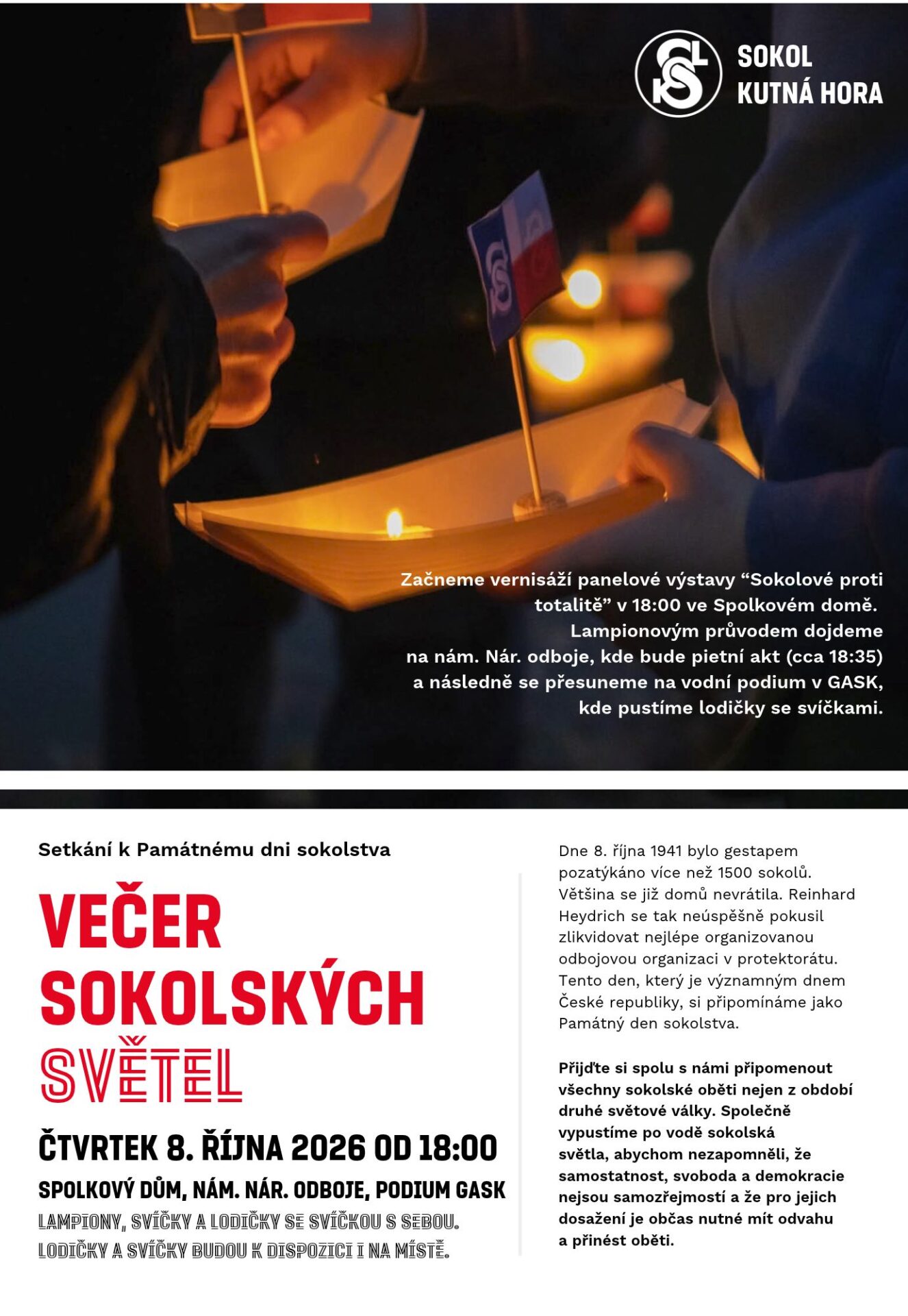 Pozvánka: Večerem sokolských světel uctí ve čtvrtek 8. října připomínku sokolů, kteří zahynuli během druhé světové války